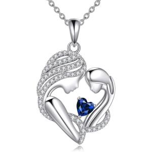 YFN Mother and Daughter Necklace 925 Sterling Silver Heart 12 Birthstone Cubic Zirconia Pendant Necklace Gifts for Mom Women(09-september  Sapphire)