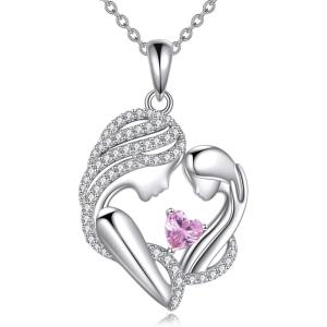YFN Mother and Daughter Necklace 925 Sterling Silver Heart 12 Birthstone Cubic Zirconia Pendant Necklace Gifts for Mom Women(10-october  Pink tourmaline)