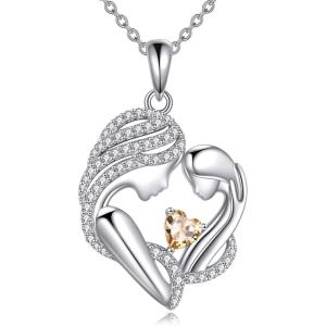 YFN Mother and Daughter Necklace 925 Sterling Silver Heart 12 Birthstone Cubic Zirconia Pendant Necklace Gifts for Mom Women(11-november  Citrine)