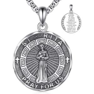 YFN Patron Saint Necklace Sterling Silver Amulet Medal Pendant Religious Protector Jewelry Gifts for Women Men(29. St Rita)
