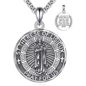 YFN Patron Saint Necklace Sterling Silver Amulet Medal Pendant Religious Protector Jewelry Gifts for Women Men(30. Saint Therese of Lisieux)