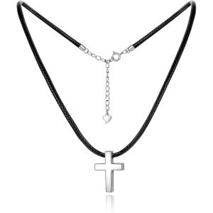 YFN Sterling Silver Cross Choker Necklace Faux Leather Cord Chain Christian Gift For Women,14+2″ (Cross Choker)