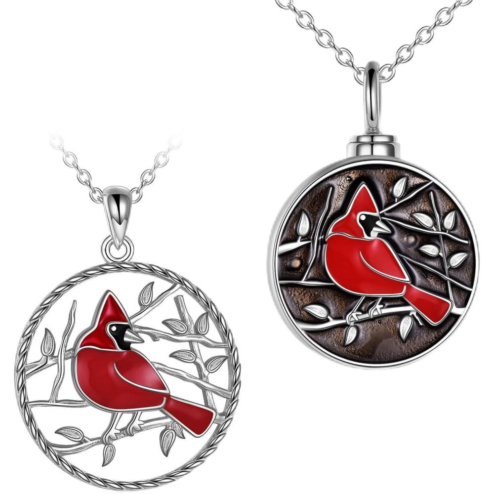 image:imageYFN Red Cardinals Bird Necklace Sterling Silver Cardinals Pendant amp Urn Necklace Jewelry Gift for Women
