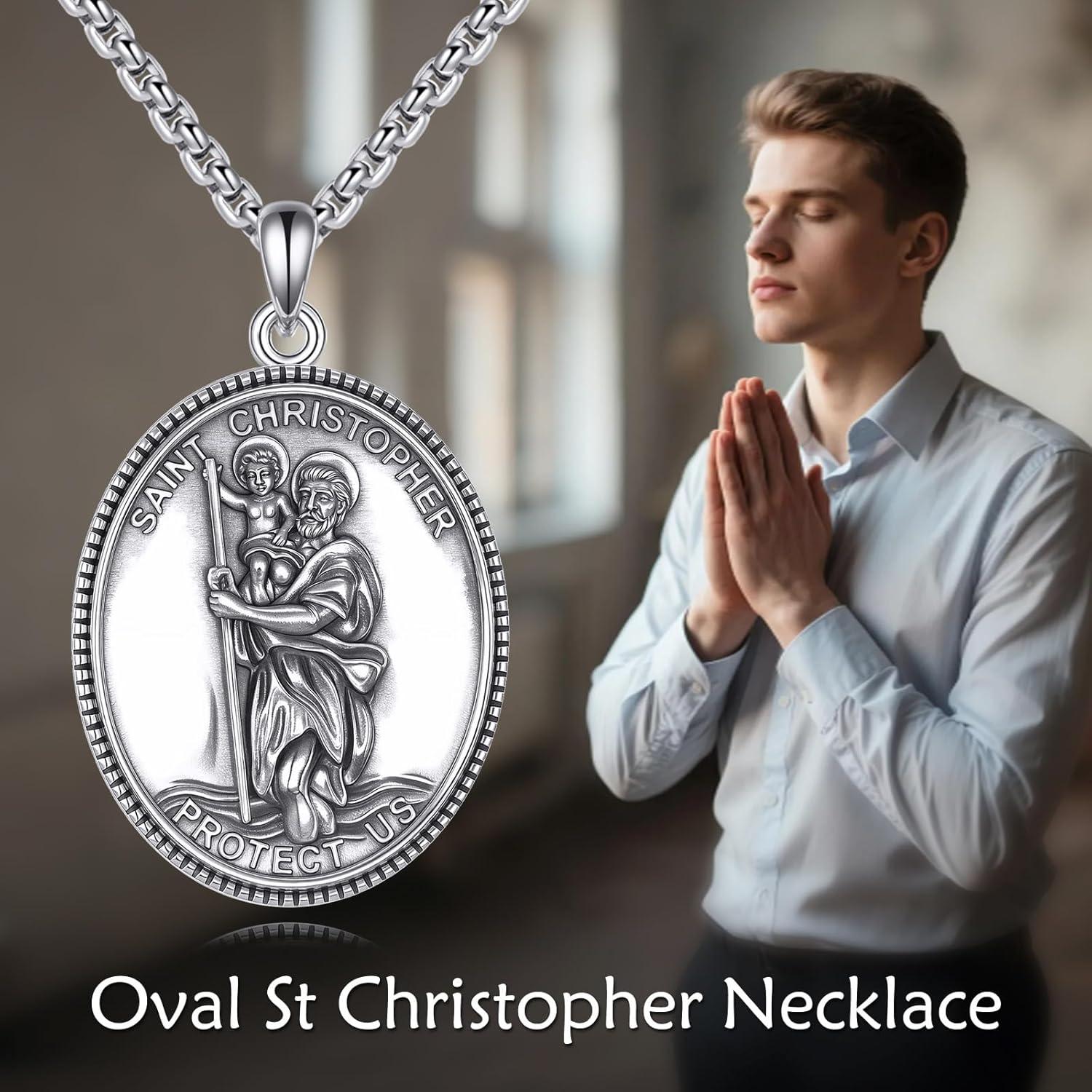 image:imageYFN 925 Sterling Silver Patron Saint Medal Necklace Amulet Pendant with 222 Inches Chain Protection Jewelry Gift for Men and Womenwith Gift BoxA02 St Christopher