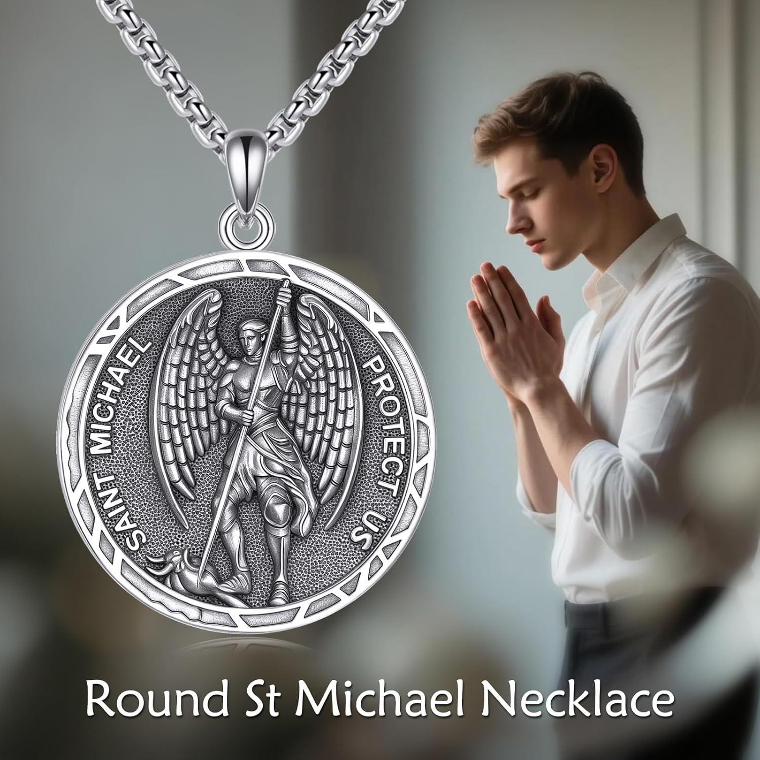 image:imageYFN 925 Sterling Silver Patron Saint Medal Necklace Amulet Pendant with 222 Inches Chain Protection Jewelry Gift for Men and Womenwith Gift BoxB01 St Michael