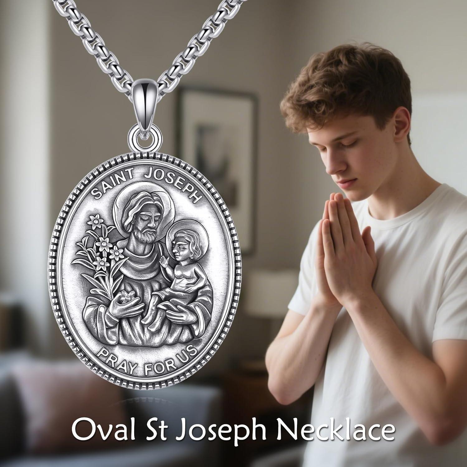 image:imageYFN 925 Sterling Silver Patron Saint Medal Necklace Amulet Pendant with 222 Inches Chain Protection Jewelry Gift for Men and Womenwith Gift BoxE02 St Joseph