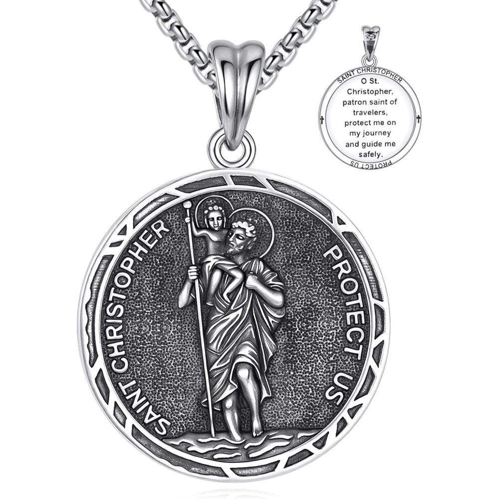image:imageYFN 925 Sterling Silver Patron Saint Medal Necklace Amulet Pendant with 222 Inches Chain Protection Jewelry Gift for Men and Womenwith Gift BoxA01 St Christopher