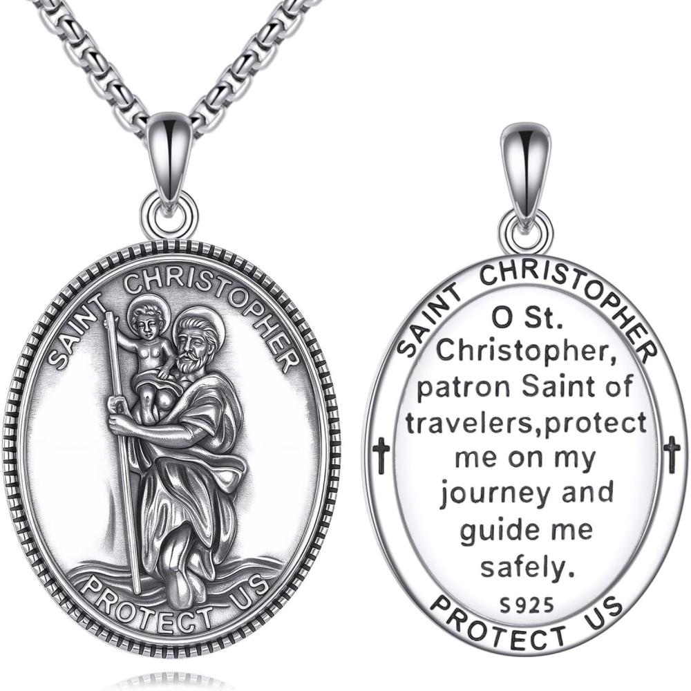 image:imageYFN 925 Sterling Silver Patron Saint Medal Necklace Amulet Pendant with 222 Inches Chain Protection Jewelry Gift for Men and Womenwith Gift BoxA02 St Christopher