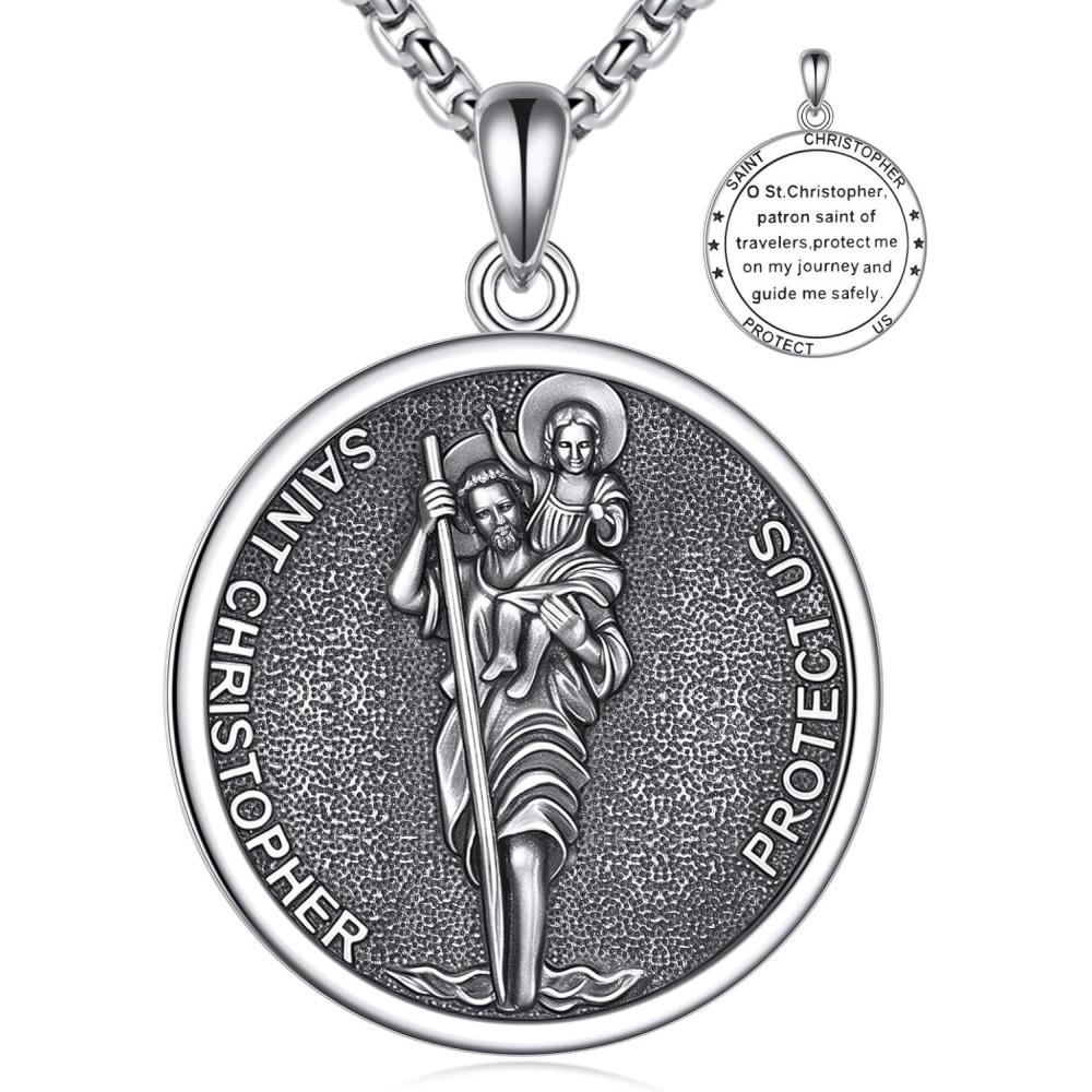 image:imageYFN 925 Sterling Silver Patron Saint Medal Necklace Amulet Pendant with 222 Inches Chain Protection Jewelry Gift for Men and Womenwith Gift BoxA03 St Christopher
