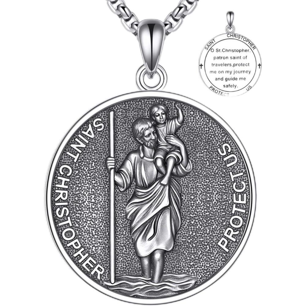 image:imageYFN 925 Sterling Silver Patron Saint Medal Necklace Amulet Pendant with 222 Inches Chain Protection Jewelry Gift for Men and Womenwith Gift BoxA04 St Christopher