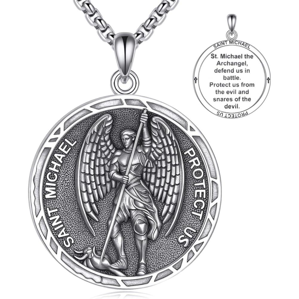 image:imageYFN 925 Sterling Silver Patron Saint Medal Necklace Amulet Pendant with 222 Inches Chain Protection Jewelry Gift for Men and Womenwith Gift BoxB01 St Michael