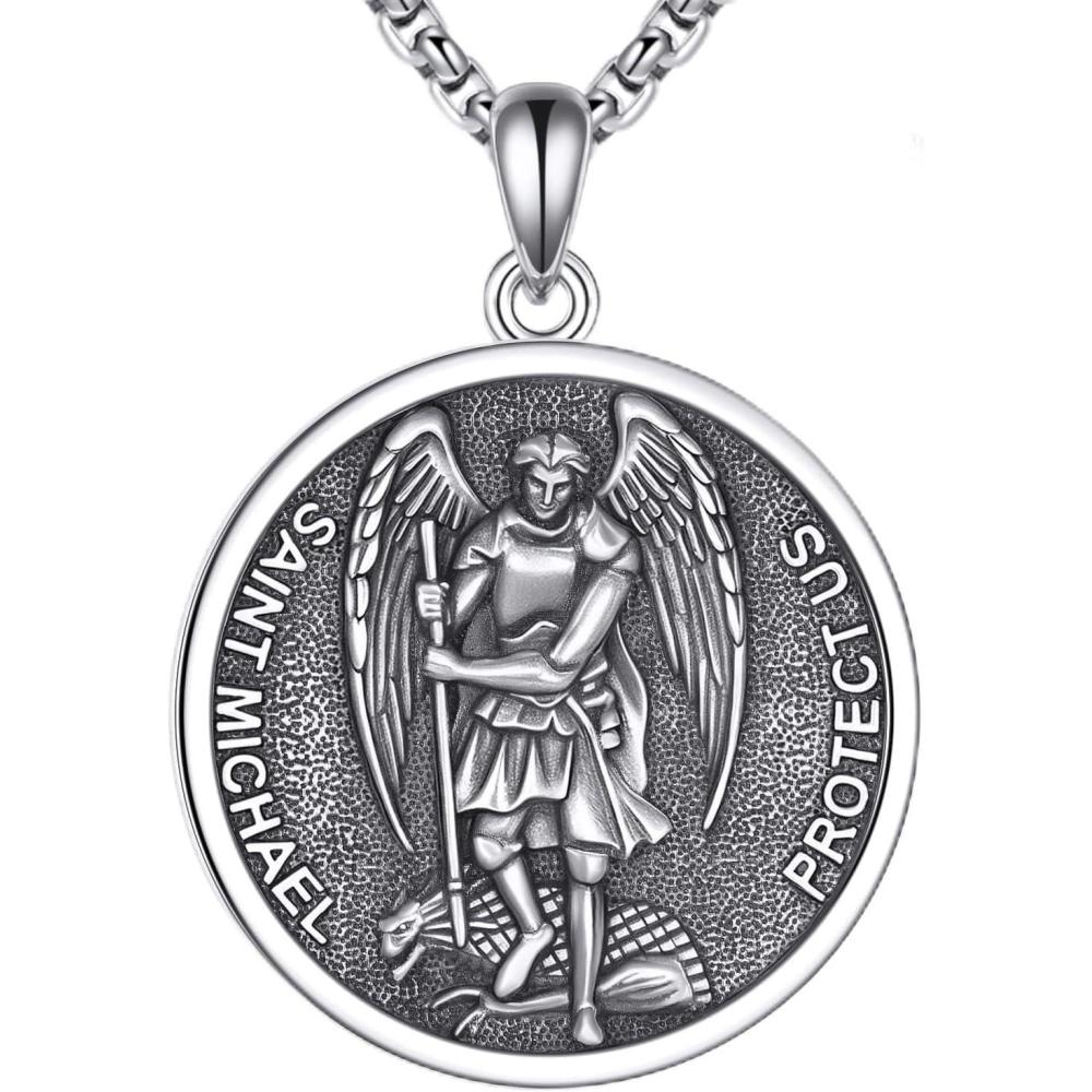 image:imageYFN 925 Sterling Silver Patron Saint Medal Necklace Amulet Pendant with 222 Inches Chain Protection Jewelry Gift for Men and Womenwith Gift BoxB02 St Michael