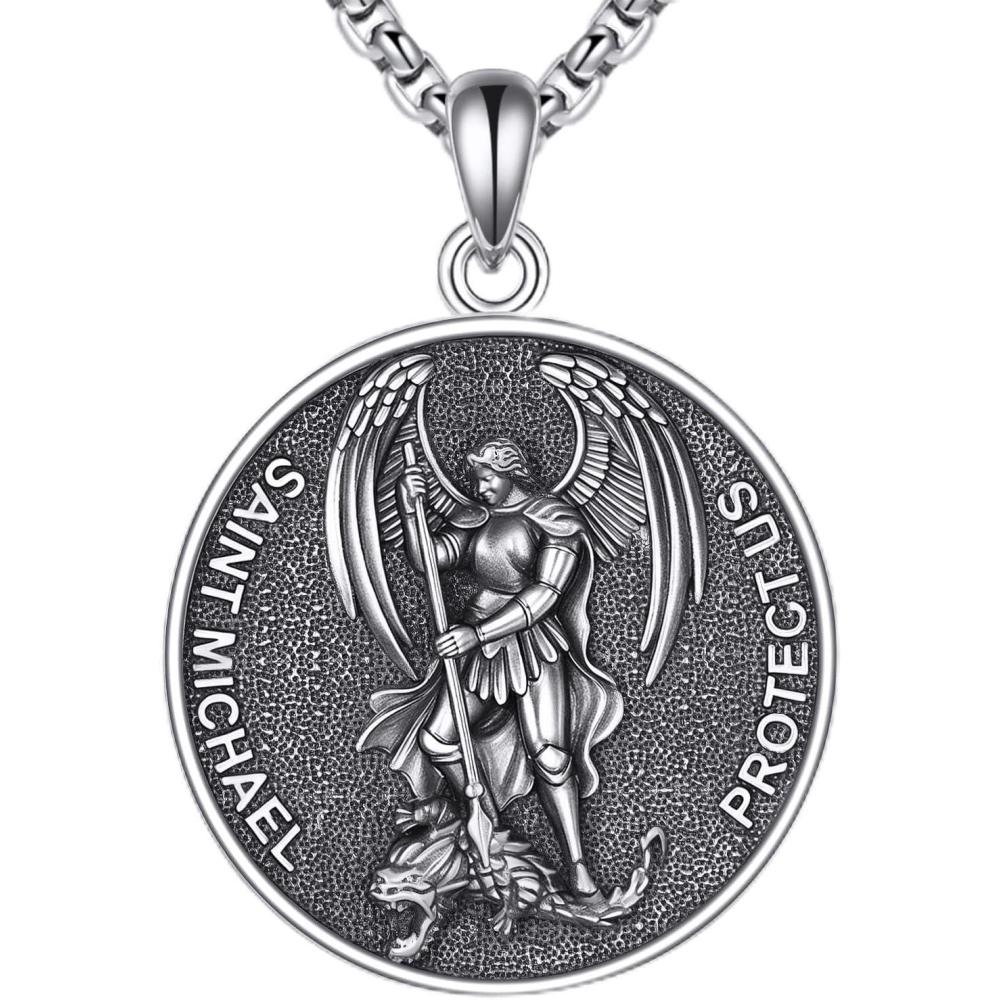 image:imageYFN 925 Sterling Silver Patron Saint Medal Necklace Amulet Pendant with 222 Inches Chain Protection Jewelry Gift for Men and Womenwith Gift BoxB04 St Michael