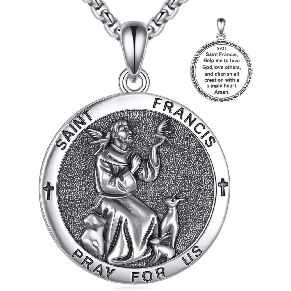 image:imageYFN 925 Sterling Silver Patron Saint Medal Necklace Amulet Pendant with 222 Inches Chain Protection Jewelry Gift for Men and Womenwith Gift BoxC01 St Francis