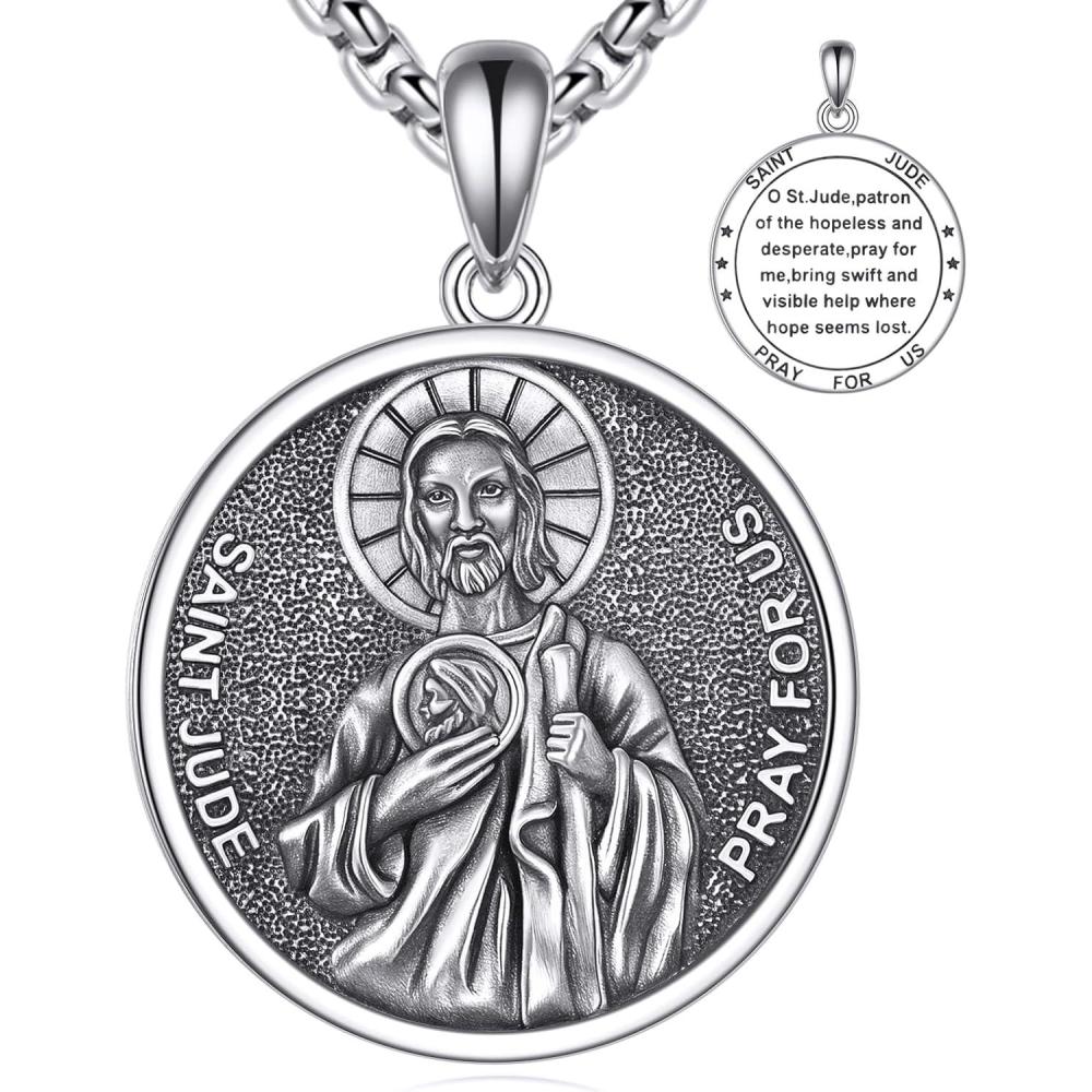 image:imageYFN 925 Sterling Silver Patron Saint Medal Necklace Amulet Pendant with 222 Inches Chain Protection Jewelry Gift for Men and Womenwith Gift BoxD03 St Jude
