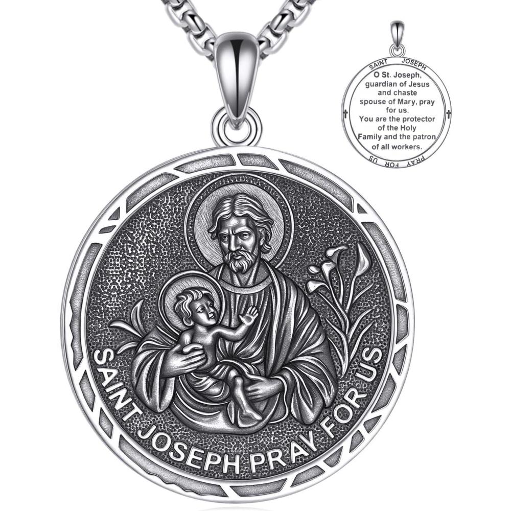 image:imageYFN 925 Sterling Silver Patron Saint Medal Necklace Amulet Pendant with 222 Inches Chain Protection Jewelry Gift for Men and Womenwith Gift BoxE01 St Joseph