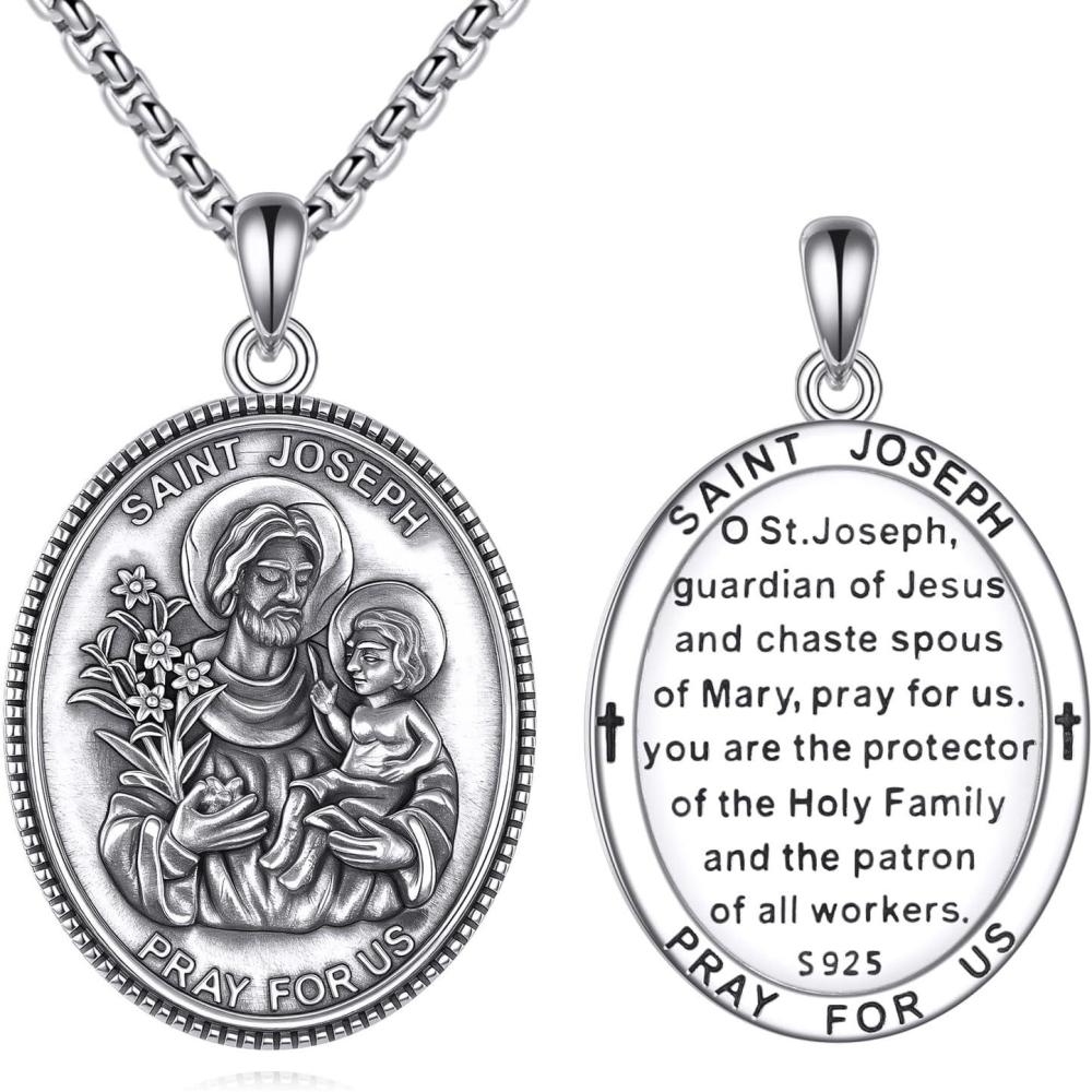 image:imageYFN 925 Sterling Silver Patron Saint Medal Necklace Amulet Pendant with 222 Inches Chain Protection Jewelry Gift for Men and Womenwith Gift BoxE02 St Joseph