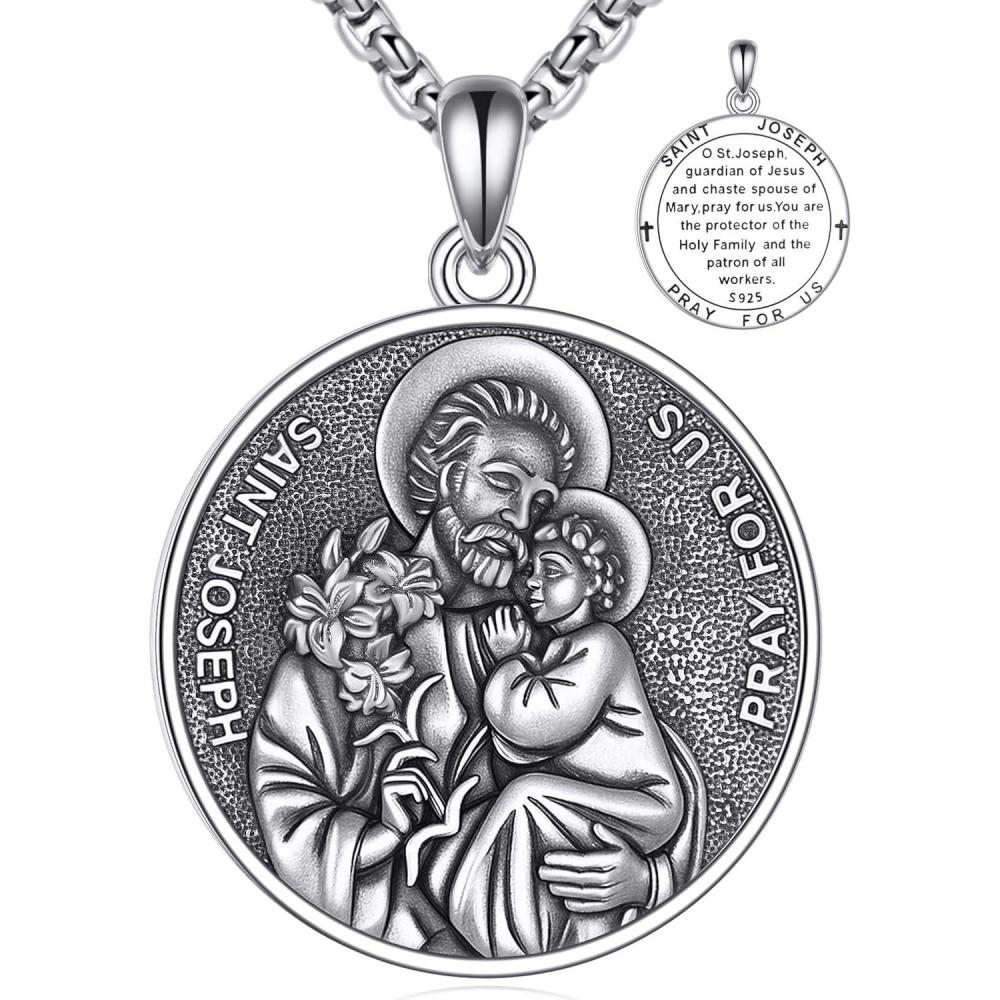image:imageYFN 925 Sterling Silver Patron Saint Medal Necklace Amulet Pendant with 222 Inches Chain Protection Jewelry Gift for Men and Womenwith Gift BoxE03 St Joseph