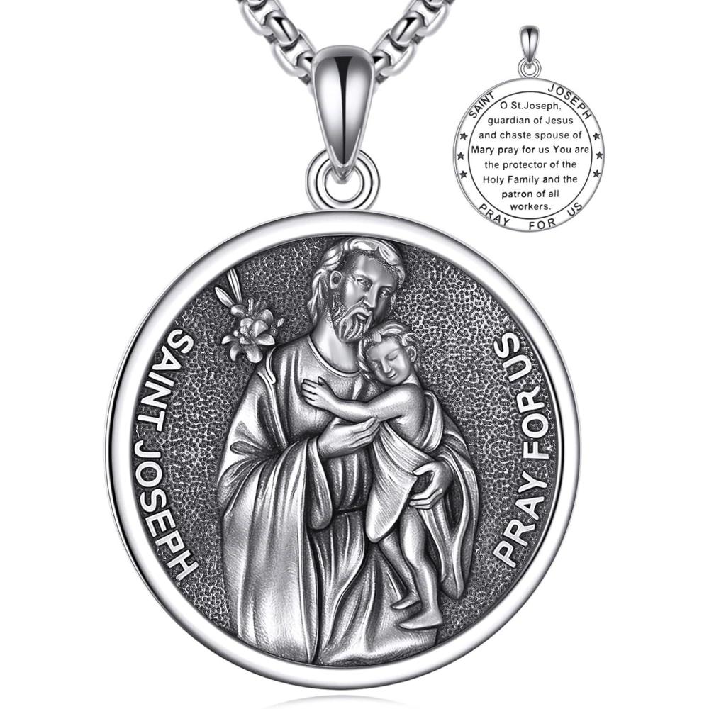 image:imageYFN 925 Sterling Silver Patron Saint Medal Necklace Amulet Pendant with 222 Inches Chain Protection Jewelry Gift for Men and Womenwith Gift BoxE04 St Joseph