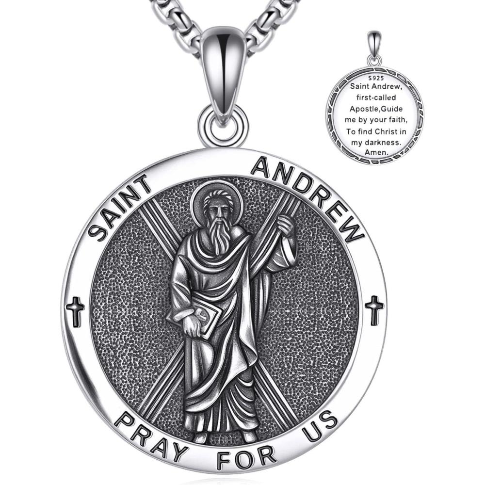 image:imageYFN 925 Sterling Silver Patron Saint Medal Necklace Amulet Pendant with 222 Inches Chain Protection Jewelry Gift for Men and Womenwith Gift BoxSt Andrew