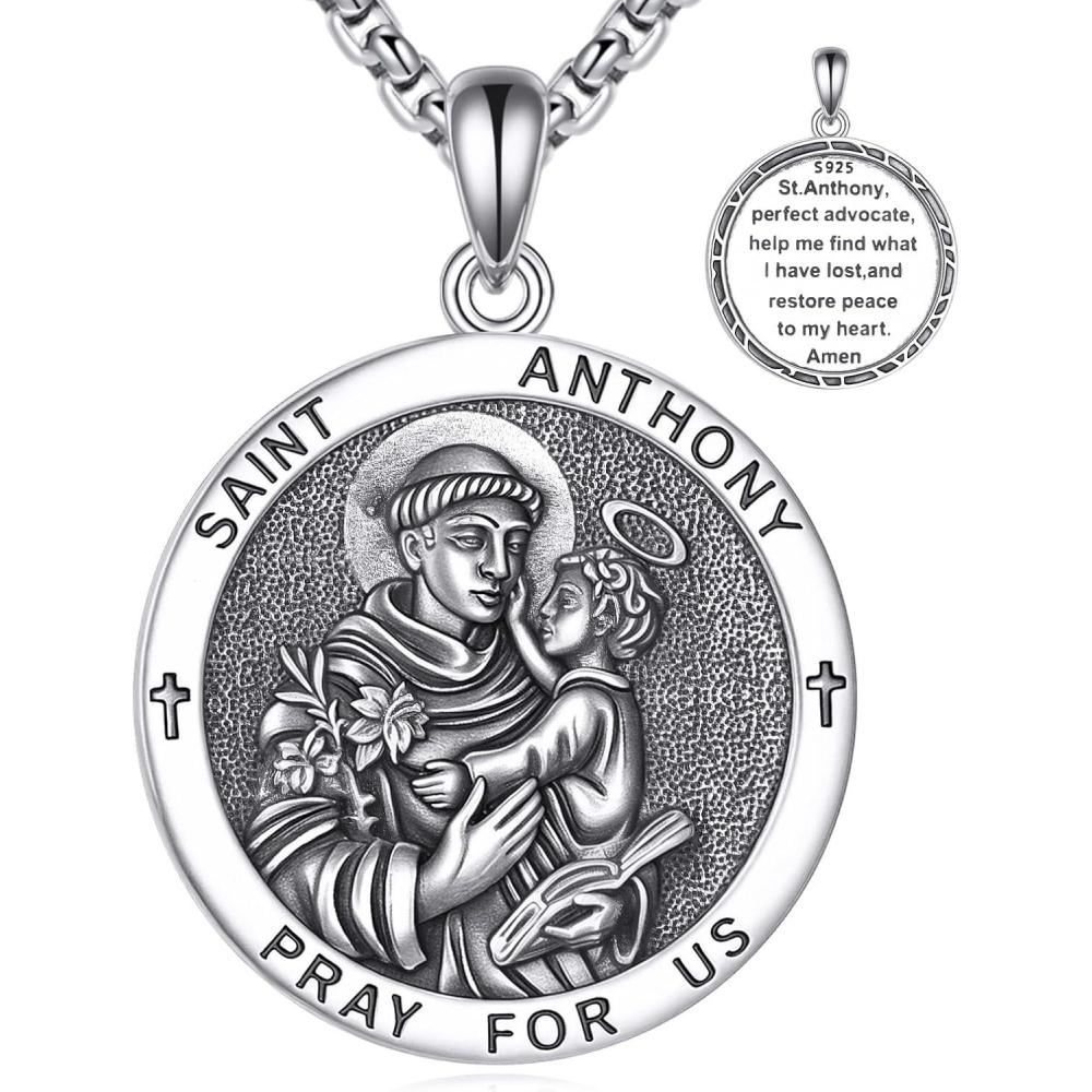 image:imageYFN 925 Sterling Silver Patron Saint Medal Necklace Amulet Pendant with 222 Inches Chain Protection Jewelry Gift for Men and Womenwith Gift BoxSt Anthony