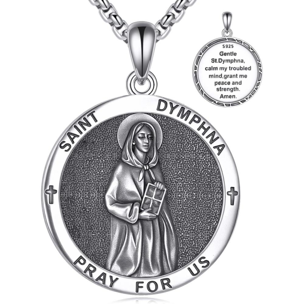 image:imageYFN 925 Sterling Silver Patron Saint Medal Necklace Amulet Pendant with 222 Inches Chain Protection Jewelry Gift for Men and Womenwith Gift BoxSt Dymphna