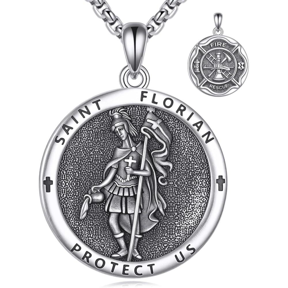 image:imageYFN 925 Sterling Silver Patron Saint Medal Necklace Amulet Pendant with 222 Inches Chain Protection Jewelry Gift for Men and Womenwith Gift BoxSt Florian
