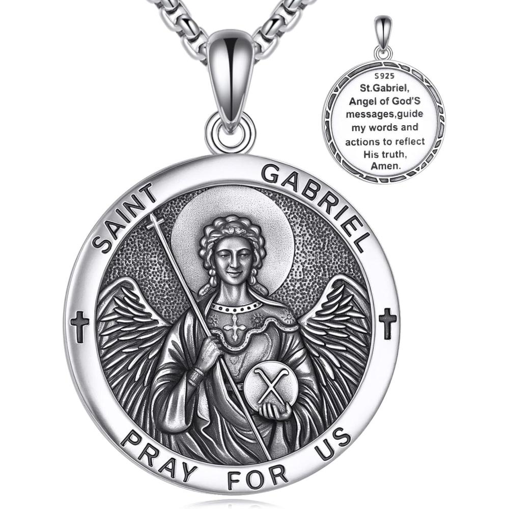 image:imageYFN 925 Sterling Silver Patron Saint Medal Necklace Amulet Pendant with 222 Inches Chain Protection Jewelry Gift for Men and Womenwith Gift BoxSt Gabriel Archangel