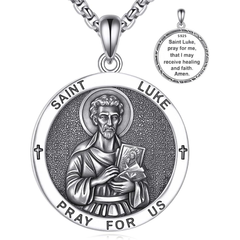 image:imageYFN 925 Sterling Silver Patron Saint Medal Necklace Amulet Pendant with 222 Inches Chain Protection Jewelry Gift for Men and Womenwith Gift BoxSt Luke