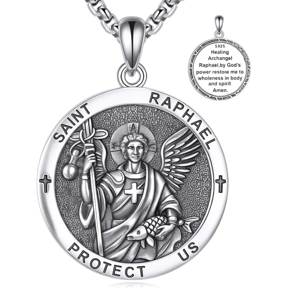 image:imageYFN 925 Sterling Silver Patron Saint Medal Necklace Amulet Pendant with 222 Inches Chain Protection Jewelry Gift for Men and Womenwith Gift BoxSt Raphael