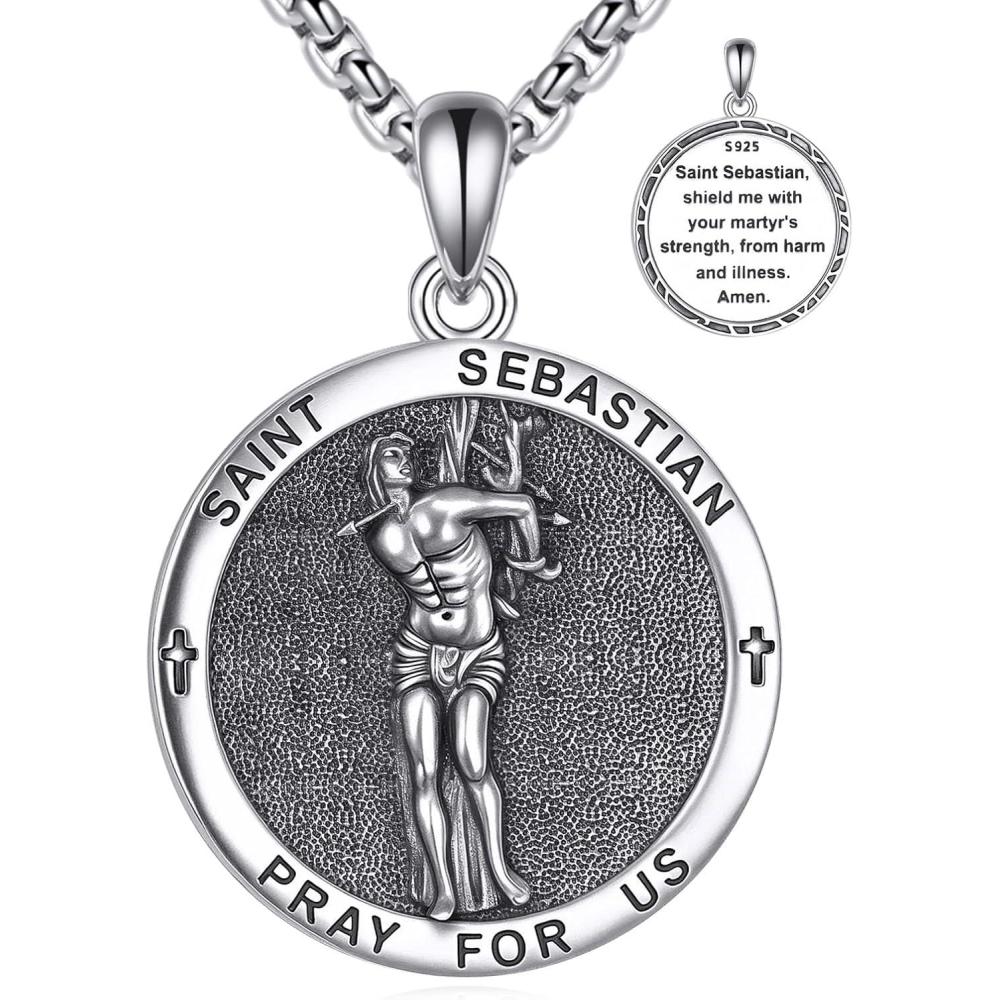 image:imageYFN 925 Sterling Silver Patron Saint Medal Necklace Amulet Pendant with 222 Inches Chain Protection Jewelry Gift for Men and Womenwith Gift BoxSt Sebastian