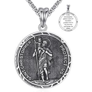 YFN 925 Sterling Silver Patron Saint Medal Necklace Amulet Pendant with 22+2 Inches Chain Protection Jewelry Gift for Men and Women(with Gift Box)(A01 St. Christopher)