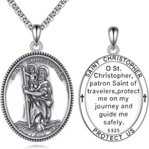 YFN 925 Sterling Silver Patron Saint Medal Necklace Amulet Pendant with 22+2 Inches Chain Protection Jewelry Gift for Men and Women(with Gift Box)(A02 St. Christopher)