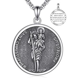 YFN 925 Sterling Silver Patron Saint Medal Necklace Amulet Pendant with 22+2 Inches Chain Protection Jewelry Gift for Men and Women(with Gift Box)(A03 St. Christopher)
