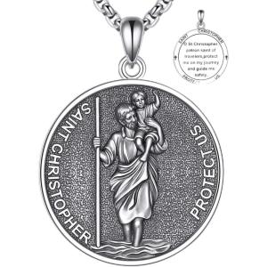 YFN 925 Sterling Silver Patron Saint Medal Necklace Amulet Pendant with 22+2 Inches Chain Protection Jewelry Gift for Men and Women(with Gift Box)(A04 St. Christopher)
