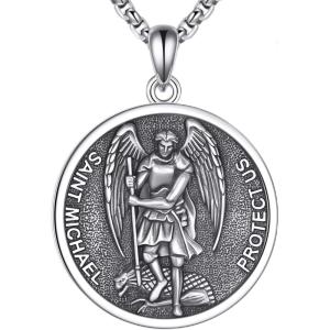 YFN 925 Sterling Silver Patron Saint Medal Necklace Amulet Pendant with 22+2 Inches Chain Protection Jewelry Gift for Men and Women(with Gift Box)(B02 St. Michael)