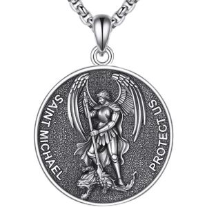YFN 925 Sterling Silver Patron Saint Medal Necklace Amulet Pendant with 22+2 Inches Chain Protection Jewelry Gift for Men and Women(with Gift Box)(B04 St. Michael)