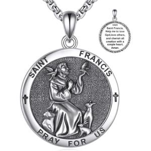 YFN 925 Sterling Silver Patron Saint Medal Necklace Amulet Pendant with 22+2 Inches Chain Protection Jewelry Gift for Men and Women(with Gift Box)(C01 St. Francis)