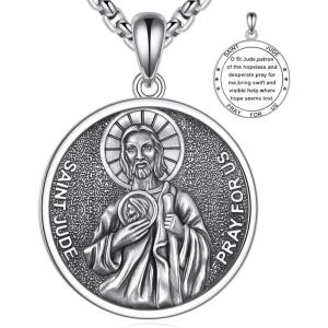 YFN 925 Sterling Silver Patron Saint Medal Necklace Amulet Pendant with 22+2 Inches Chain Protection Jewelry Gift for Men and Women(with Gift Box)(D03 St. Jude)