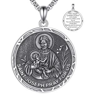 YFN 925 Sterling Silver Patron Saint Medal Necklace Amulet Pendant with 22+2 Inches Chain Protection Jewelry Gift for Men and Women(with Gift Box)(E01 St. Joseph)