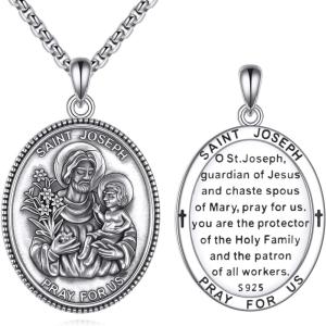 YFN 925 Sterling Silver Patron Saint Medal Necklace Amulet Pendant with 22+2 Inches Chain Protection Jewelry Gift for Men and Women(with Gift Box)(E02 St. Joseph)