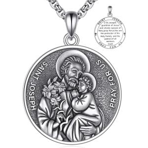 YFN 925 Sterling Silver Patron Saint Medal Necklace Amulet Pendant with 22+2 Inches Chain Protection Jewelry Gift for Men and Women(with Gift Box)(E03 St. Joseph)