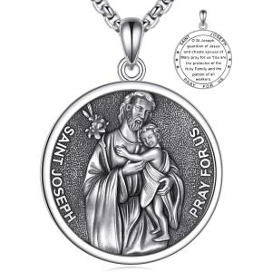 YFN 925 Sterling Silver Patron Saint Medal Necklace Amulet Pendant with 22+2 Inches Chain Protection Jewelry Gift for Men and Women(with Gift Box)(E04 St. Joseph)