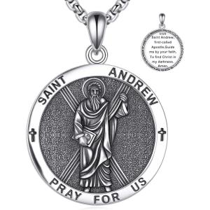 YFN 925 Sterling Silver Patron Saint Medal Necklace Amulet Pendant with 22+2 Inches Chain Protection Jewelry Gift for Men and Women(with Gift Box)(St. Andrew)