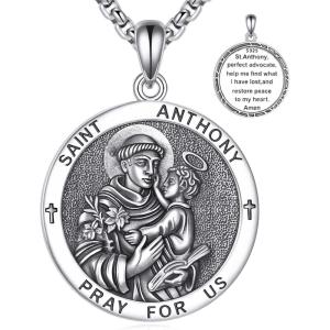 YFN 925 Sterling Silver Patron Saint Medal Necklace Amulet Pendant with 22+2 Inches Chain Protection Jewelry Gift for Men and Women(with Gift Box)(St. Anthony)