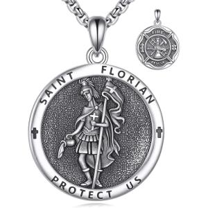 YFN 925 Sterling Silver Patron Saint Medal Necklace Amulet Pendant with 22+2 Inches Chain Protection Jewelry Gift for Men and Women(with Gift Box)(St. Florian)