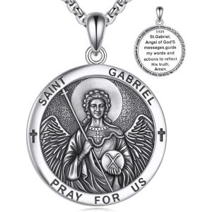 YFN 925 Sterling Silver Patron Saint Medal Necklace Amulet Pendant with 22+2 Inches Chain Protection Jewelry Gift for Men and Women(with Gift Box)(St. Gabriel Archangel)