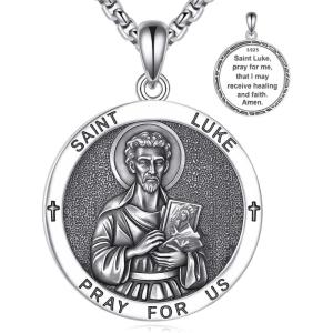 YFN 925 Sterling Silver Patron Saint Medal Necklace Amulet Pendant with 22+2 Inches Chain Protection Jewelry Gift for Men and Women(with Gift Box)(St. Luke)