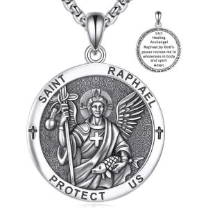 YFN 925 Sterling Silver Patron Saint Medal Necklace Amulet Pendant with 22+2 Inches Chain Protection Jewelry Gift for Men and Women(with Gift Box)(St. Raphael)
