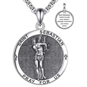 YFN 925 Sterling Silver Patron Saint Medal Necklace Amulet Pendant with 22+2 Inches Chain Protection Jewelry Gift for Men and Women(with Gift Box)(St. Sebastian)